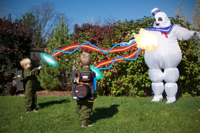DIY Dollar Store Proton Pack for Twin Toddlers' Ghostbusters Halloween Costume