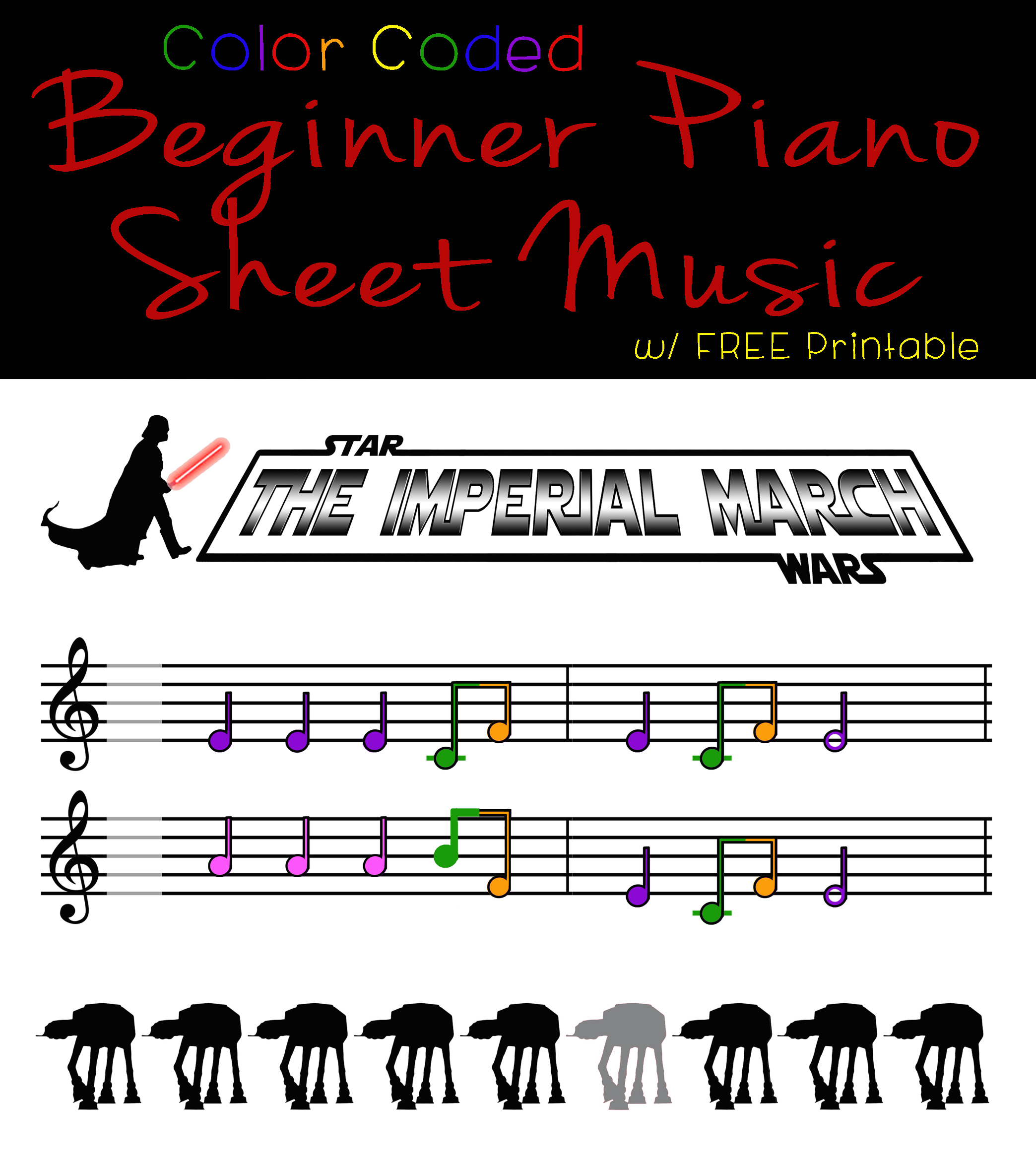 Color-Coded Beginner Piano Sheet Music for Kids - Star Wars The Imperial March - projectsinparenting.com